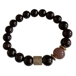 Garnet & Strawberry Quartz Bracelet | 8mm Beaded Stretch | Gold Pavé Hexagon